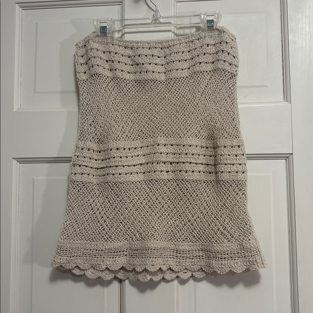 Cotton beige knit crochet hollow scallop hem coverup skirt S